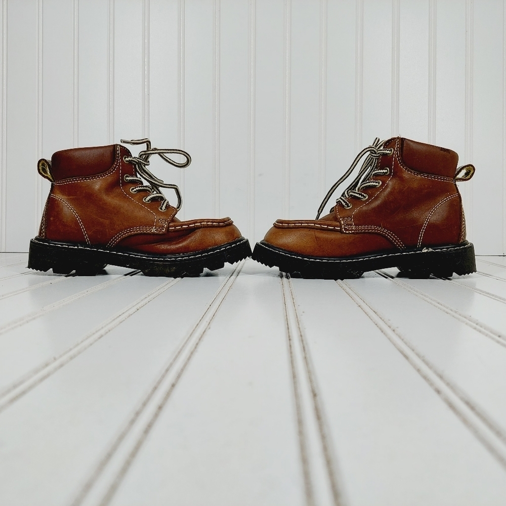 GAP Brown Leather Lace Up Kids Statement Stitching Comfy Boots A276 - Picture 7 of 12